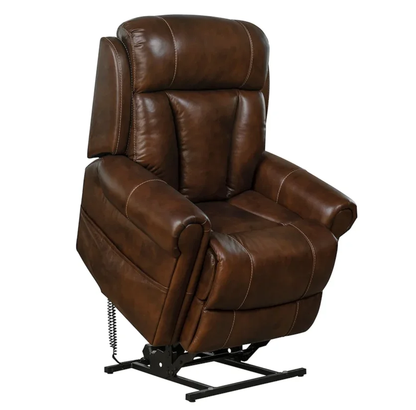 Phot of a brown leather recliner in a forward lift position. 