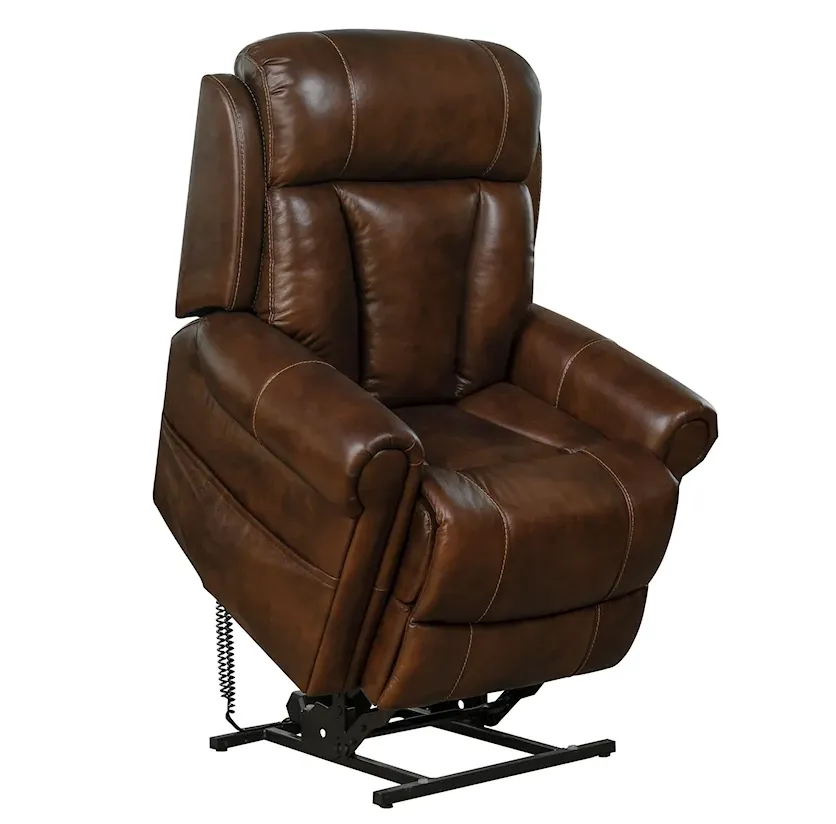 Phot of a brown leather recliner in a forward lift position.