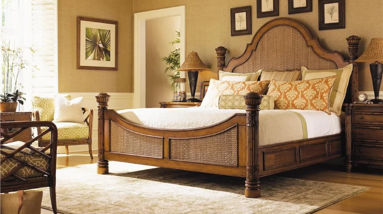 Rattan bed in tropical bedroom setting. 