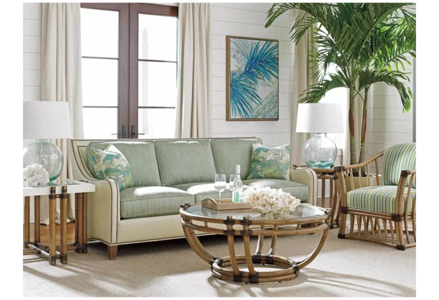 Two-tone fabric sofa in living room.