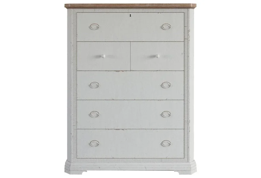 White, multi-drawer chest with a wood-colored top. 