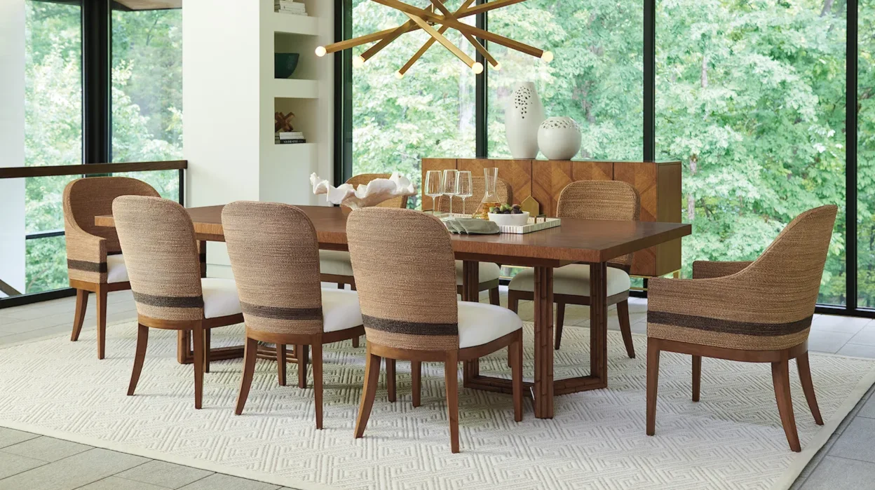 Natural wood table in modern dining room. 