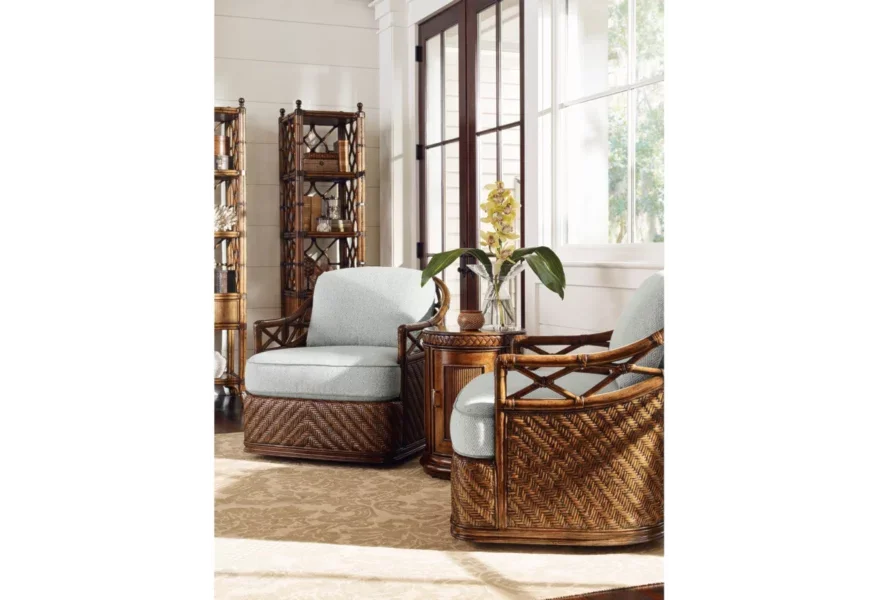 Rattan chairs in living room setting. 
