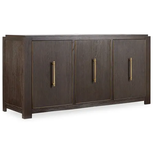dark wood tone 3 door credenza with gold hardware