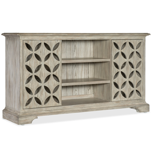 light wood tv stand with floral cut outs and open shelving