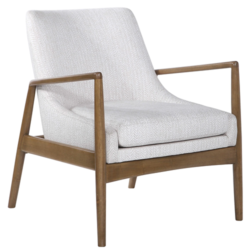 white upholstered chair with wood base and arms
