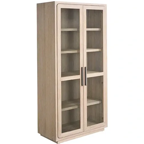light wood tone curio with glass doors and four shelves