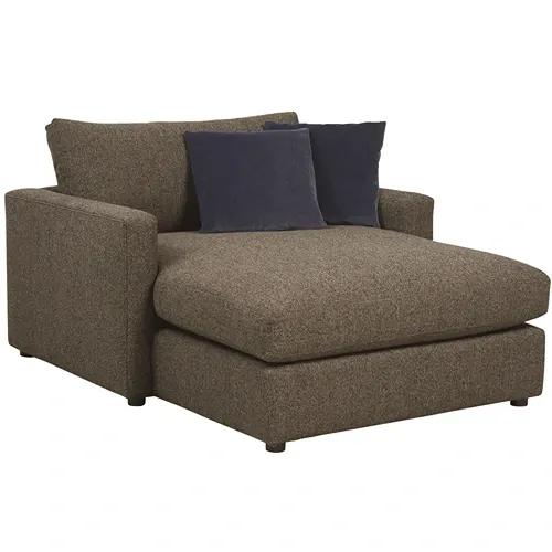 dark brown fabric chaise lounge with blue throw pillows