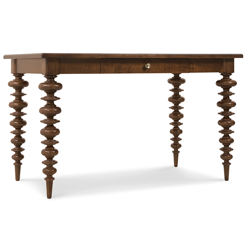 dark wooden counter-height table with bun turned legs and single drawer