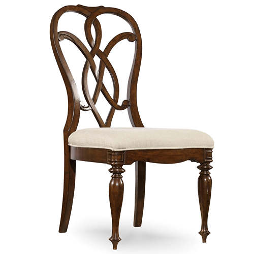 dark wood scroll back side chair with beige upholstered seat