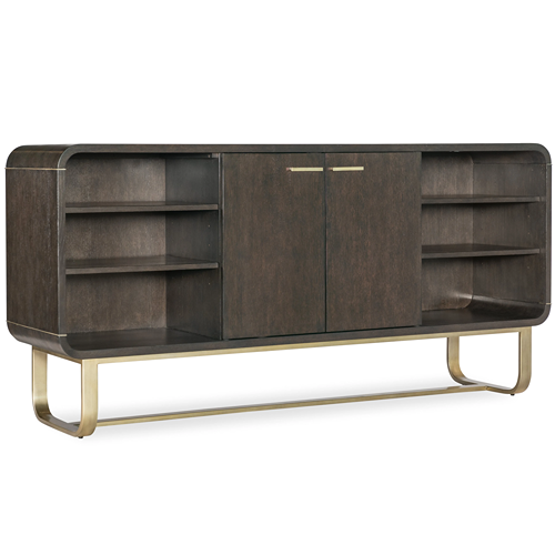 dark brown wood sideboard with open shelves and gold base and hardware