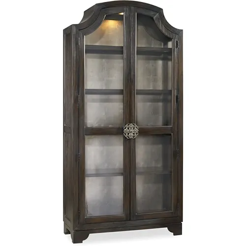 dark wood tone arched display cabinet with glass doors