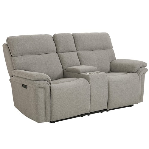 grey fabric reclining loveseat with center console and cup holders