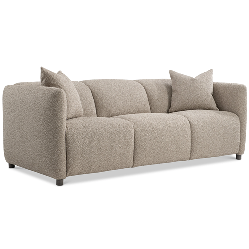 taupe fabric reclining sofa with matching throw pillows