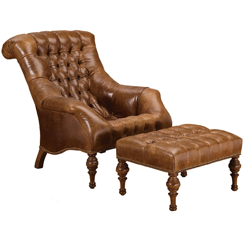 brown leather button tufted traditional arm chair and matching ottoman