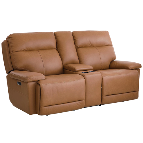 warm brown leather reclining loveseat with center console and cup holders