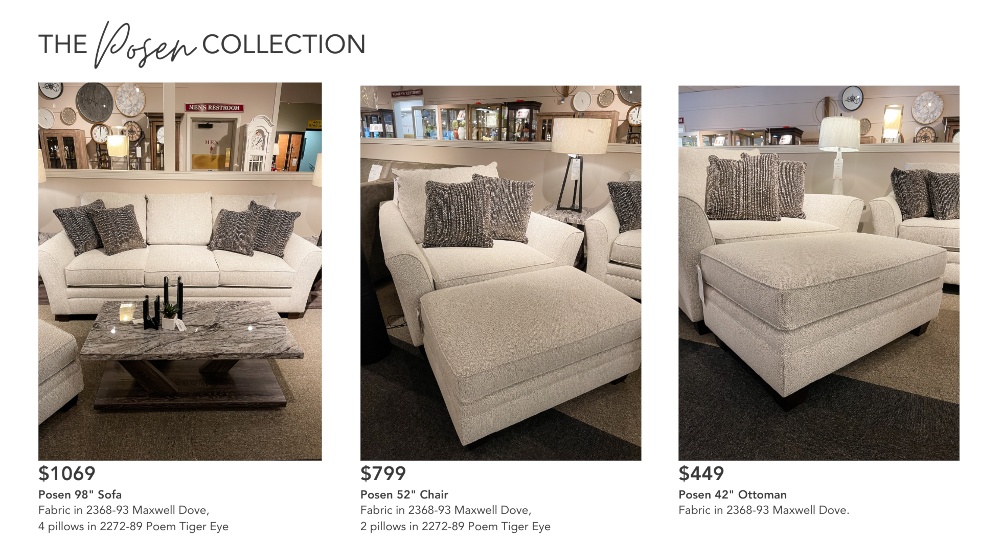 The Posen Collection from Stone & Leigh Upholstery now at Sheely's.