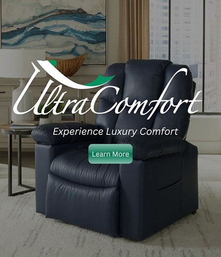 UltraComfort, experience luxury comfort, learn more, image of a dark blue leather recliner