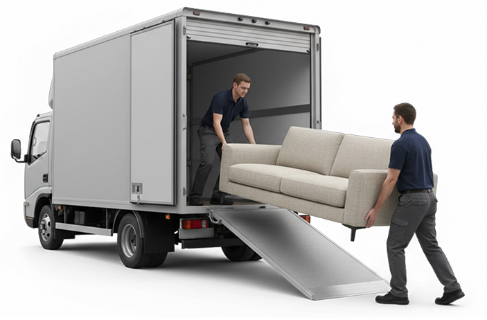 Delivery workers unloading furniture