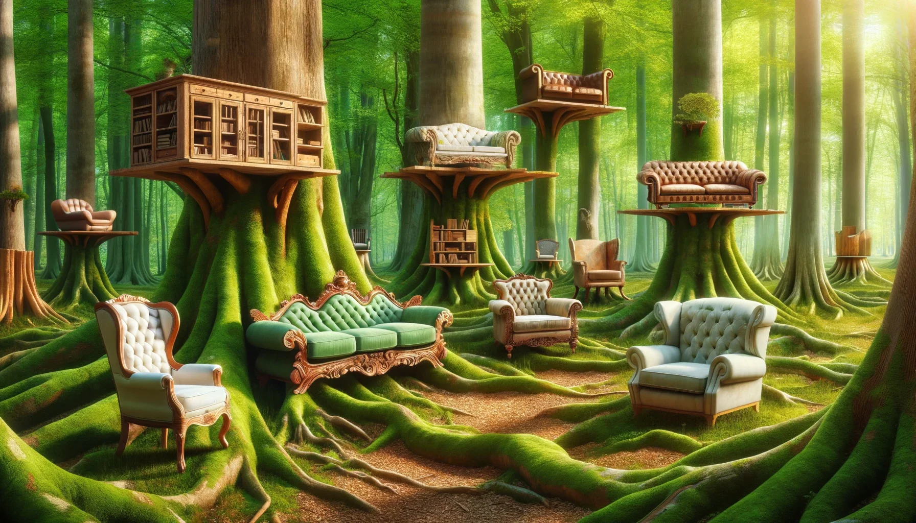 A rich and lively forest with furniture growing from the trees