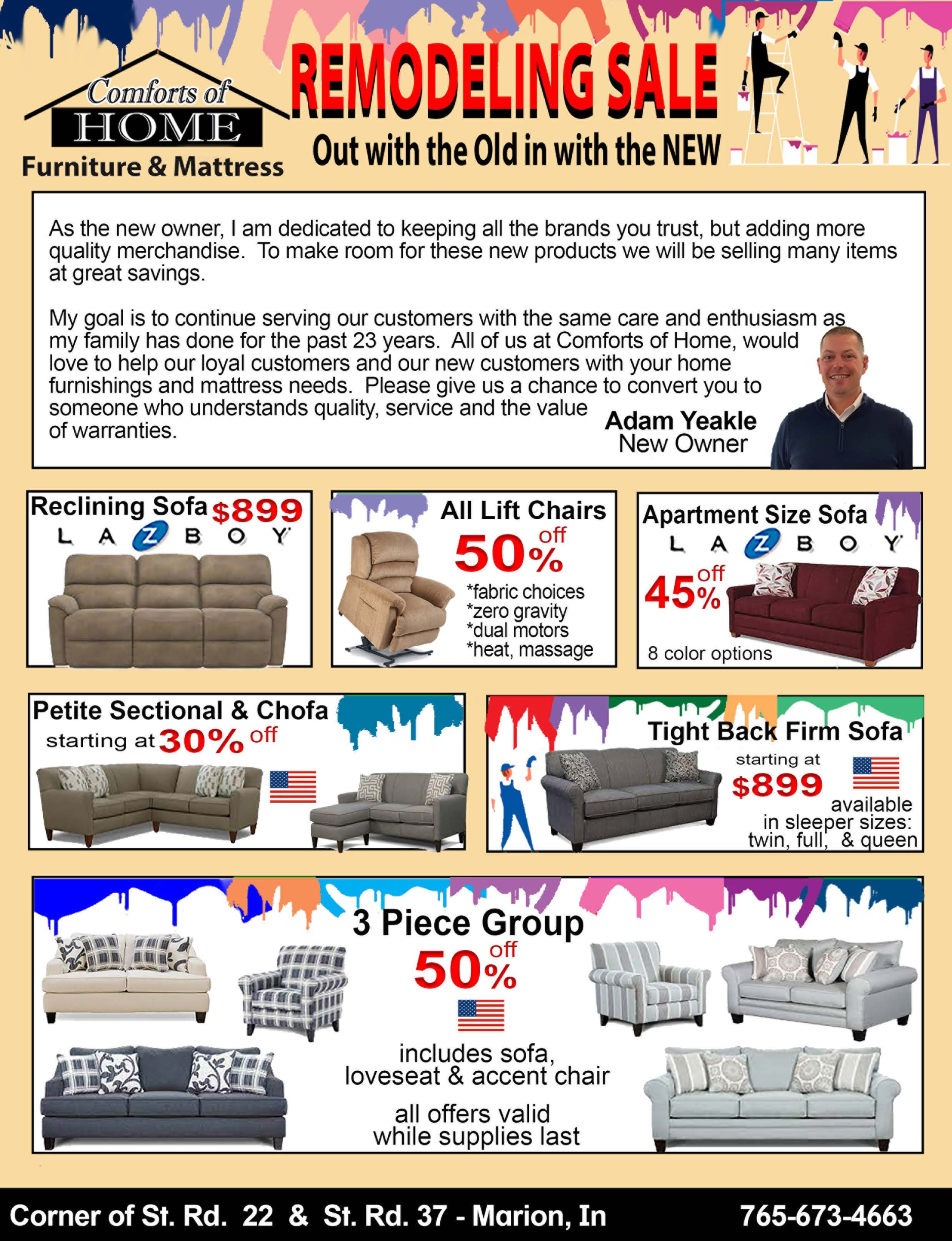 Remodeling sale; lazboy; sofa sale; recliner sale; paint; stearns and foster; mattress; massage chair; lighting; lamps; outdoor furniture; 