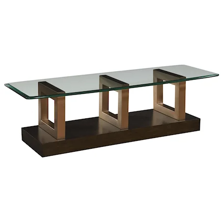 Glass Top Cocktail Table with 3 Metal Square Loop Legs on Wood Base