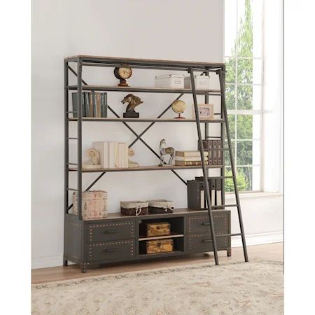Transitional Bookshelf & Ladder with 6 Shelves and 4 Drawers