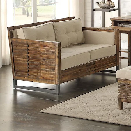 Rustic Industrial Wood and Metal Loveseat With Beige Upholstery