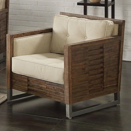 Rustic Industrial Wood and Metal Chair With Beige Upholstery