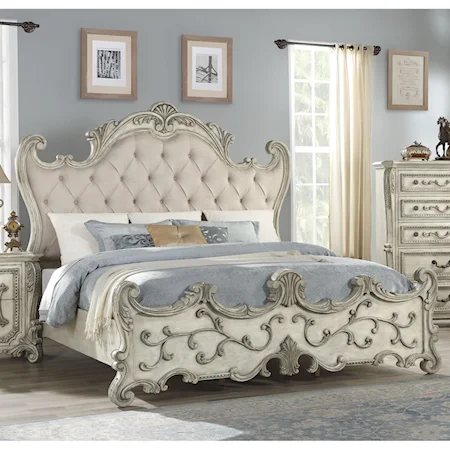 Traditional Antique White California King Bed with Tufted Headboard and Carved Wood Detail