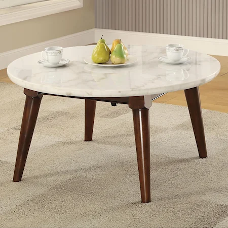 Mid-Century Round Coffee Table with White Marble Top