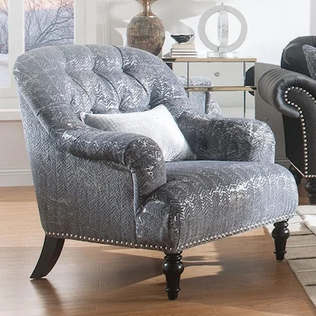 Traditional Tufted Accent Chair with Nailheads and Metallic Fabric
