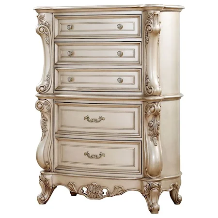 Traditional Antique White 5-Drawer Chest with Ornate Carvings