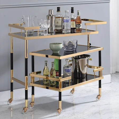 Glam Two Tier Serving Bar Cart with Smoky Glass Shelves