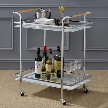 Contemporary Metal and Glass Bar Serving Cart with Wood Detail