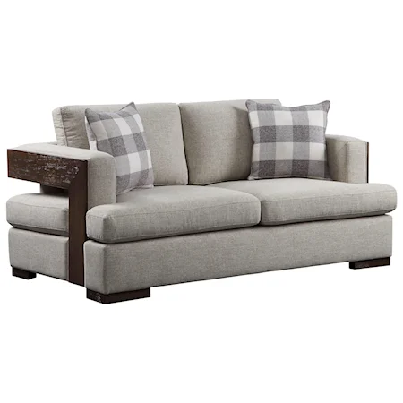 Contemporary Loveseat w/ 2 Pillows and Exposed Wood Accents