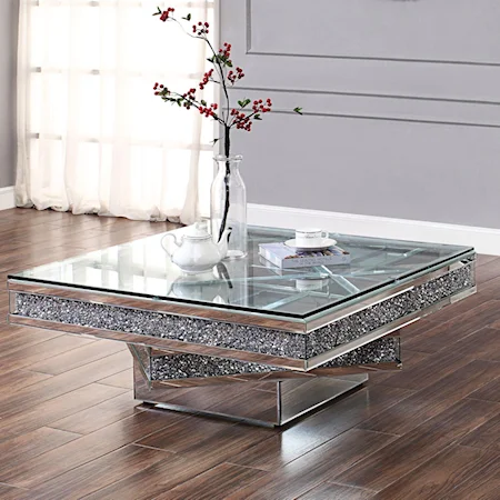 Glam Glass Top Coffee Table with Faux Diamond Inlays