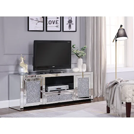 Glam Mirrored TV Stand with Faux Crystal Inlays