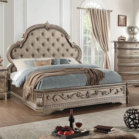 Traditional Tufted King Bed with Faux Leather Headboard