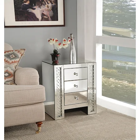Mirrored 3-Drawer Nightstand with Faux Crystal Accents