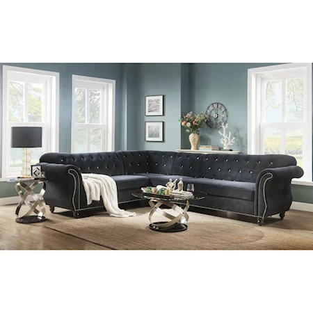 L-Shaped Sectional Sofa with Faux Crystal Button Tufting