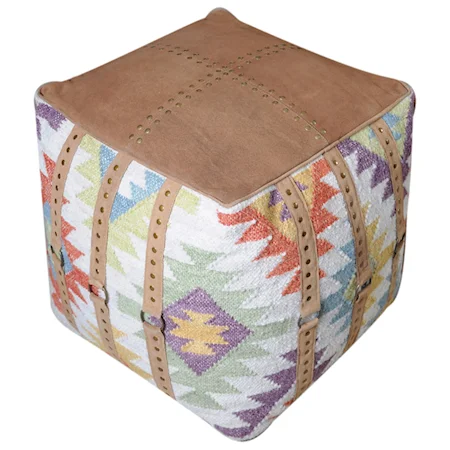 Pouf Ottoman in Leather & Multi-Color Wool