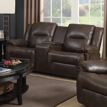 Casual Leather Reclining Loveseat with Cupholder Storage Console