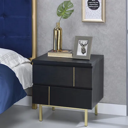 Glam Black and Gold 2 Drawer Nightstand with Metal Trim