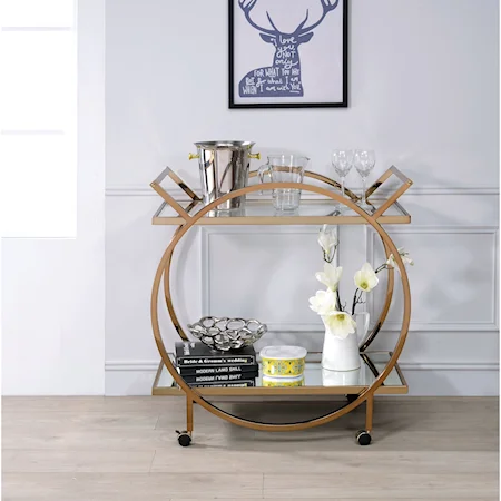 Circular Serving Cart with Mirror Glass & Champagne Finish