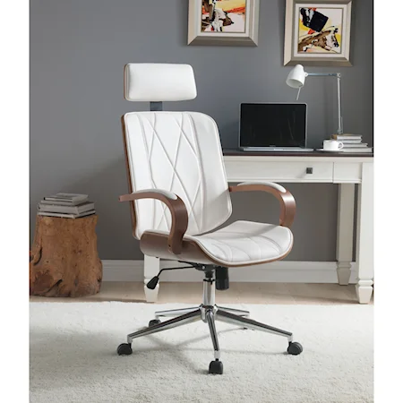 Contemporary Office Chair in White PU and Walnut Finish