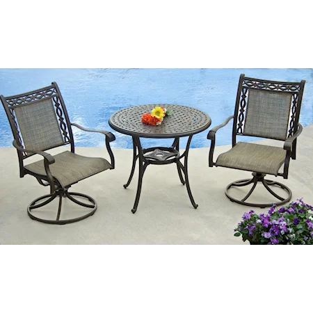 3 Piece Sling Swivel Rocker Chair and Round Cast Aluminum Cafe Table Chat Set