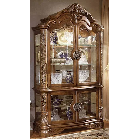 Shaped Curio Cabinet with Wood-Framed Beveled Glass Doors