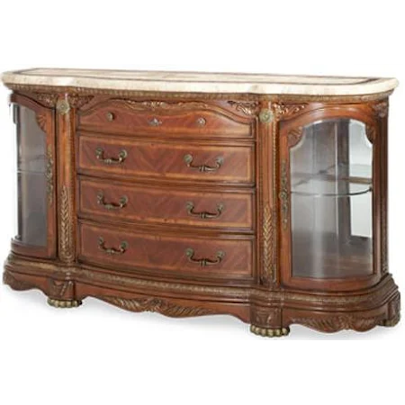 Four-Drawer Two-Glass Door Sideboard Buffet with Ornate Carving Details