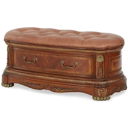 Lift-Lid Bedside Bench with Tufted Leather-Upholstered Top & Ornate Carving Details